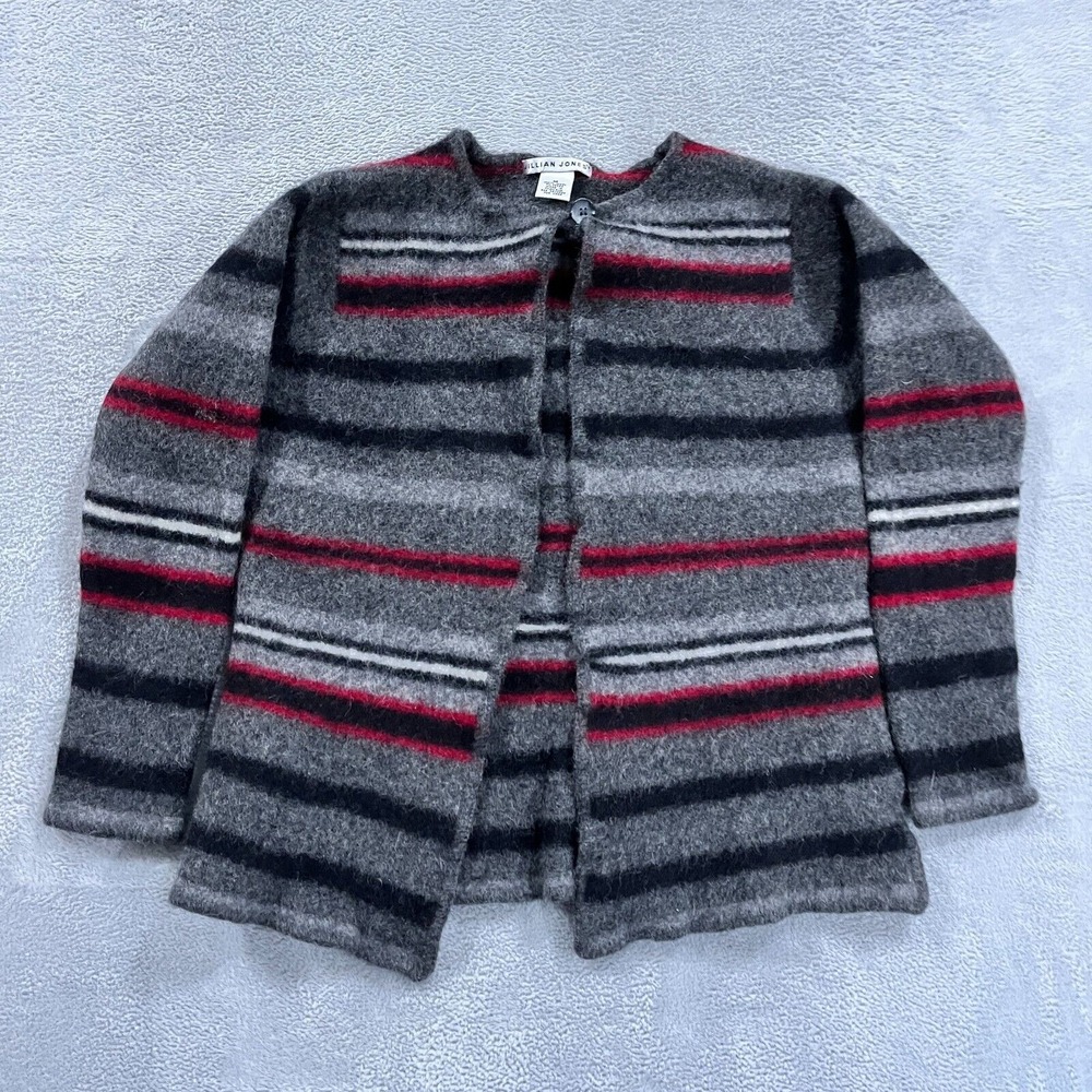 Jillian Jones Cardigan‎ Sweater Womens M? 100% Wool 1 Button Striped SHRUNK